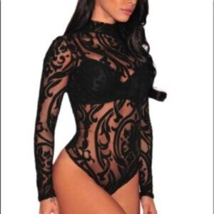Sexy Black Sheer Floral Bodysuit Top